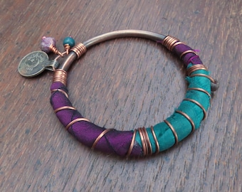 Small Silk Wrapped Copper Bangle with Coin Charm in Purple and Teal