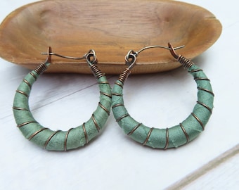 Sage Green Silk Road Hoop Earrings: Hammered Copper, Sterling Silver