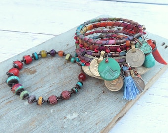 Tie-dyed bangle stack with beads and charms, 6 pieces, colorful bohemian bracelet set, friendship bracelets