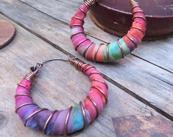 Tie Dye Hoop Earrings, Small Textile Wrapped Artisan Hoops with Sterling Silver Ear Wires