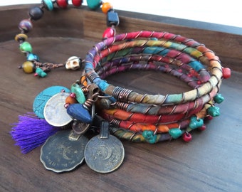 Rainbow Bangle Set, 6 piece bracelet stack with beads and tie dye textile, coin charms and tassel, handmade bohemian jewelry set