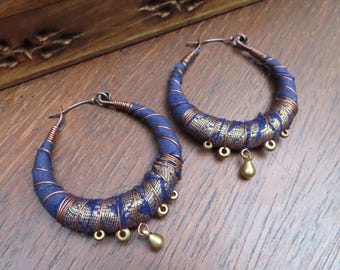 Sari Silk Wrapped Hoop Earrings with Sterling Silver Ear Wires, Large size