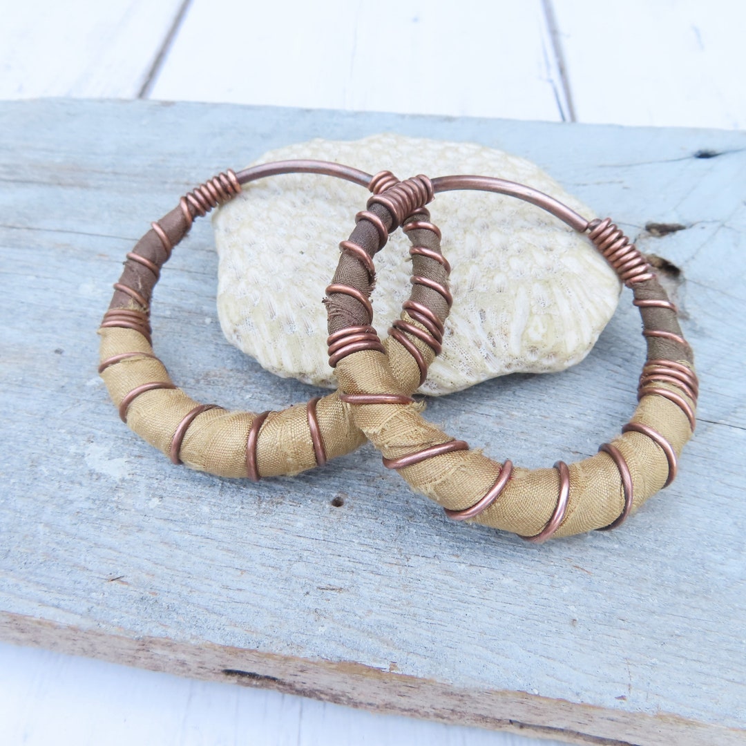 10 Gauge Hoops, Silk Wrapped Copper Hoop Hangers, Army Green and Muted