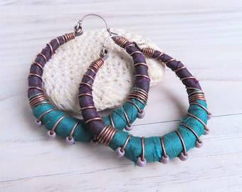 Silk Road Hoop Earrings, Extra Large, Eclectic, Silk Wrapped, Copper, Boho Hoops, Eggplant and Teal -Handmade by Gypsy Intent