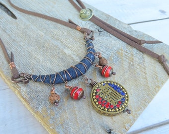 Silk Road Necklace, Adjustable Copper and Silk Bar Necklace with Kalachakra Mantra -Handmade by Gypsy Intent