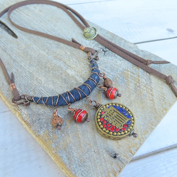Silk Road Necklace, Adjustable Copper and Silk Bar Necklace with Kalachakra Mantra -Handmade by Gypsy Intent