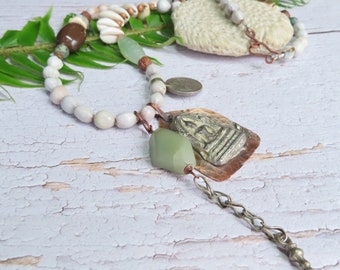 Beaded Necklace with Buddha Pendant, Boho, Eclectic, Asymmetrical, Mala Style Layering Necklace, Handmade by Gypsy Intent