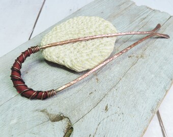 Copper and Silk Hairpin in Dark Burnt Orange, Upcycled Copper -by Gypsy Intent