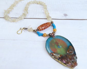 Art Shrine Necklace with Citrine, Jade and Coral -Handmade by Gypsy Intent