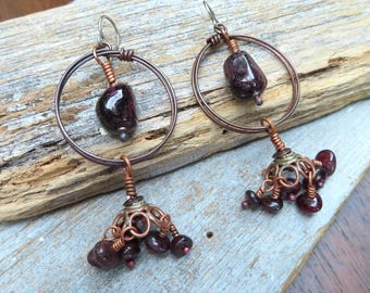Garnet Drop Hoop Earrings, Rustic Bohemian Copper Chandeliers