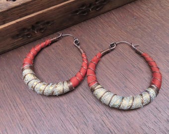 Sari Silk Wrapped Hoop Earrings, Extra-Large with Sterling Silver Ear Wires, Orange