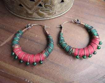 Sari Silk Wrapped Hoop Earrings with Sterling Silver Ear Wires, Medium size
