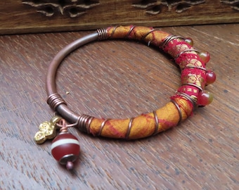 Handmade Copper Bangle: Silk Wrapped Boho Charm Bracelet, Gold and Red