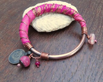 Handmade Copper Bangle: Silk Wrapped Boho Charm Bracelet, Hot Neon Pink