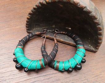 Sari Silk Wrapped Hoop Earrings - Large, Sterling Silver Ear Wires, Black and Emerald Green