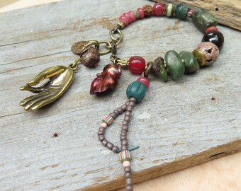Turquoise & Garnet Beaded Bracelet: Baroque Pearl, Mudra Charm