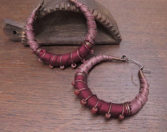 Sari Silk Wrapped Hoop Earrings -Extra Large, Sterling Silver Ear Wires, Maroon and Dusty Mauve