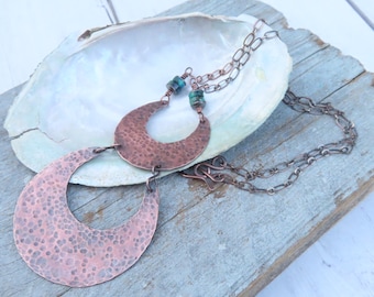 Crescent Moon Statement Necklace, Turquoise and Hammered Copper Double Moon Pendant Necklace, Handmade