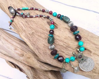 Ethnic Asymmetrical Coin Necklace with vintage components, Handmade Kuchi Neclace