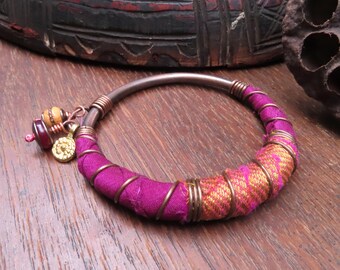 Handmade Copper Bangle: Silk Wrapped Boho Charm Bracelet, fuchsia and orange
