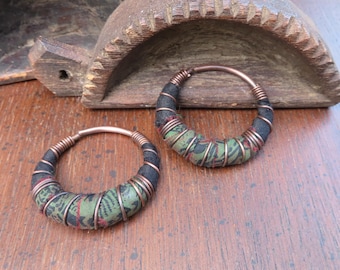 10 Gauge Hoops, Silk Wrapped Copper Hoop Hangers, Peacock Teal and Black, Eyelet Threaders