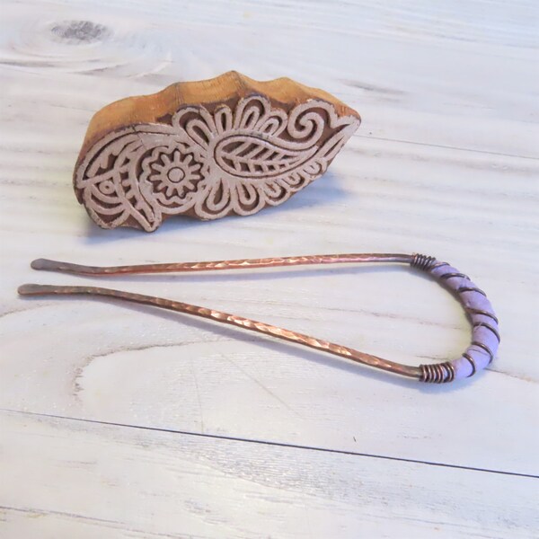 Copper Hair Pin with Sari Silk Wrapped Accent in Violet -Hammered Recycled Copper