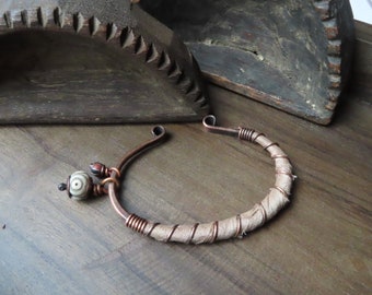 Adjustable Copper Cuff, Silk Wrapped Handmade Bracelet with Charms, Beige Tan