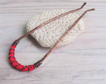 Copper and Silk Hairpin in Bright Red, Upcycled Copper -by Gypsy Intent