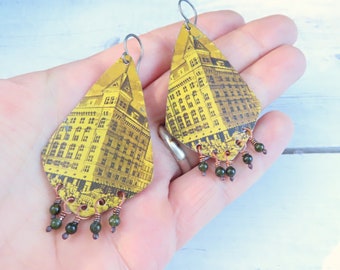 Vintage Coffee Tin Earrings: Architecture Sterling Silver Dangles