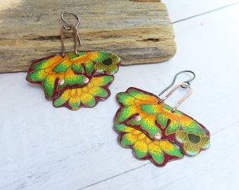 Tin Flower Earrings in Fall Colors with Sterling Silver Ear Wires, Handmade