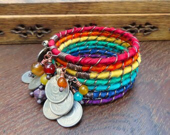 Handmade Silk Road Bangle Stack: 7-piece set of Silk and Copper Charm Bracelets