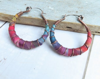 Rainbow Tie Dye Hoops, Large, Hammered Copper Hoops with Sterling Silver Ear Wires~ by Gypsy Intent