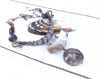 Silk Road Necklace, Silk Wrapped Copper Necklace with Mother of Pearl and Gemstone Pendant