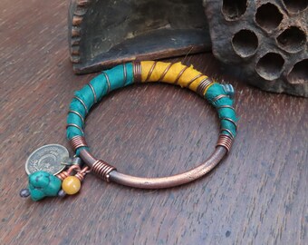 Small Silk Wrapped Copper Bangle with Coin Charm in Green and Gold