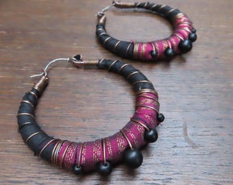 Sari Silk Wrapped Hoop Earrings, Extra-Large with Sterling Silver Ear Wires, Black and Dark Mulberry