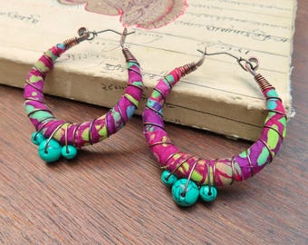 Batik Wrapped Hoop Earrings -Large and Colorful with Sterling Silver Ear Wires