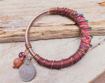 Handmade Copper Bangle: Silk Wrapped Boho Charm Bracelet, Burnt Orange and Paisley