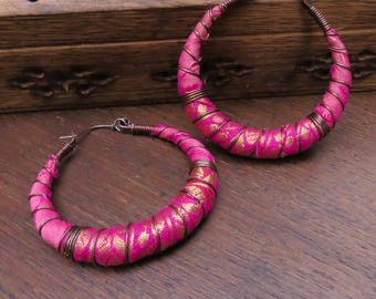 Sari Silk Wrapped Hoop Earrings, Extra-Large with Sterling Silver Ear Wires, Hot Neon Pink