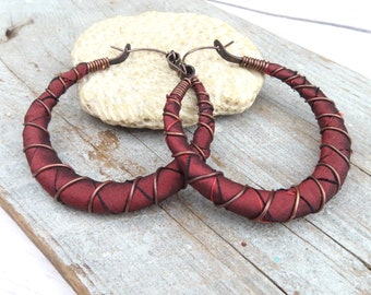 Large Burnt Orange Silk Hoop Earrings: Upcycled Copper, Sterling Silver