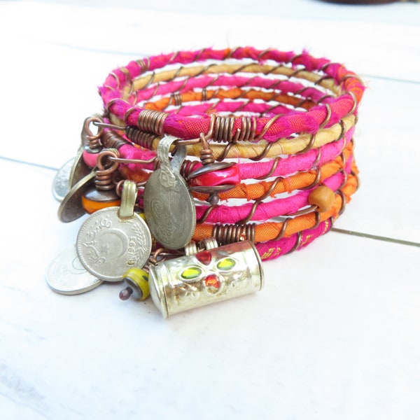 Silk Road Bangle Stack -Neon Pink and Orange Ombre, 7 Piece Set, Tribal Gypsy, Stacking Bracelets -Handmade By Gypsy Intent