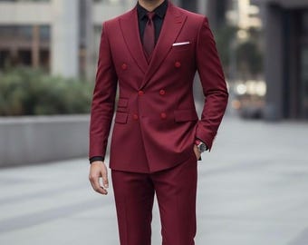 バーガンディのダブルブレストスーツ：テーラードフィットのプロム