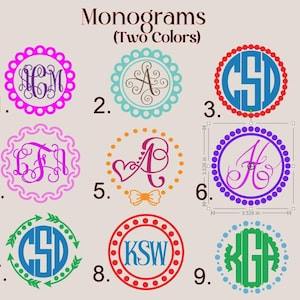 May include: Nine different monogram designs with various colors and patterns. Each monogram is a circle with a three-letter initial inside. The monograms are numbered 1 through 9.