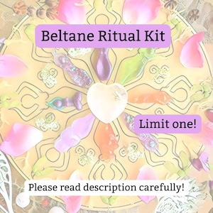 May include: A Beltane Ritual Kit with a heart-shaped stone at the center, surrounded by colorful, stylized figures and flower petals. The text "Beltane Ritual Kit" and "Limit one!" are displayed. The image also includes the text "Please read description carefully!"