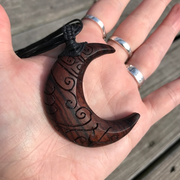 Carved Wooden Crescent Moon Pendant, (moontime, red tent, dark moon, menarche ceremony, maiden, new moon intention)