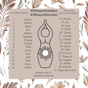 Op de afbeelding: Een printbare kaart met een gestileerde vrouwelijke figuur in het midden. De kaart bevat een lijst van 31 acties of activiteiten, elk met een bijbehorend nummer. De kaart heeft de titel "#30DaysofGoddess #30DaysofDevotion" en bevat de tekst "Whole & Holy: A Goddess Devotional".