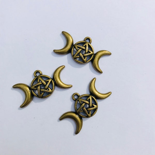 Brass Triple Moon Charm, set of ten Triple Goddess charms (moon cycle, moontime, moon mother, red tent, priestess, witch)