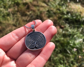 Classical Labyrinth Necklace - Pewter Pendant (priestess, wiccan, pagan, ceremony, goddess, necklace)