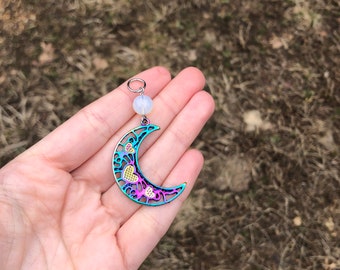 Crescent Moon with Hearts charm/pendant - multicolor  (moon, mother blessing, women's circle, ancient goddess, blessingway, moontime, steel)