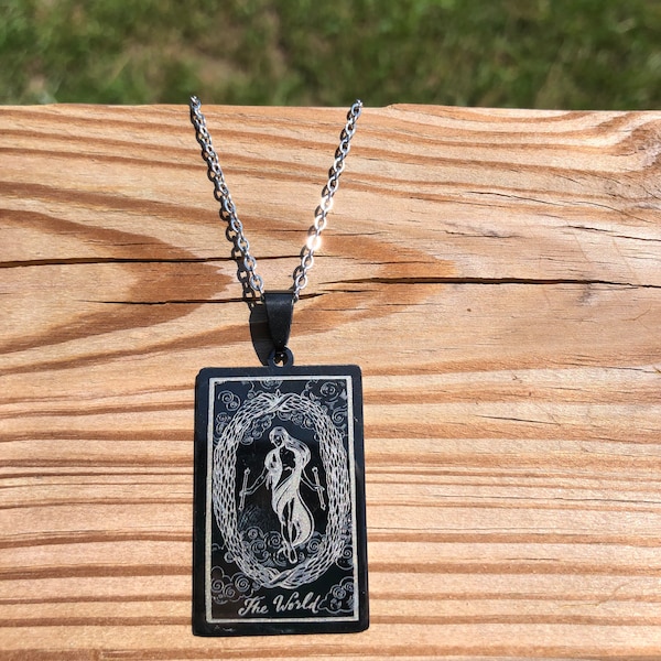 Tarot Pendant - The World - Gunmetal Finish Stainless Steel (priestess, wiccan, pagan, ceremony, goddess, necklace, charm, tarot)