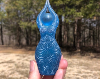 Ease Newgrange Goddess Statue, Semi-Transparent Deep Blue Shimmer (figurine, sculpture, Brigid's Grove, spiral, priestess)